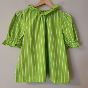THML Women's Lime green striped blouse ruffled high neck and puff sleeves Large